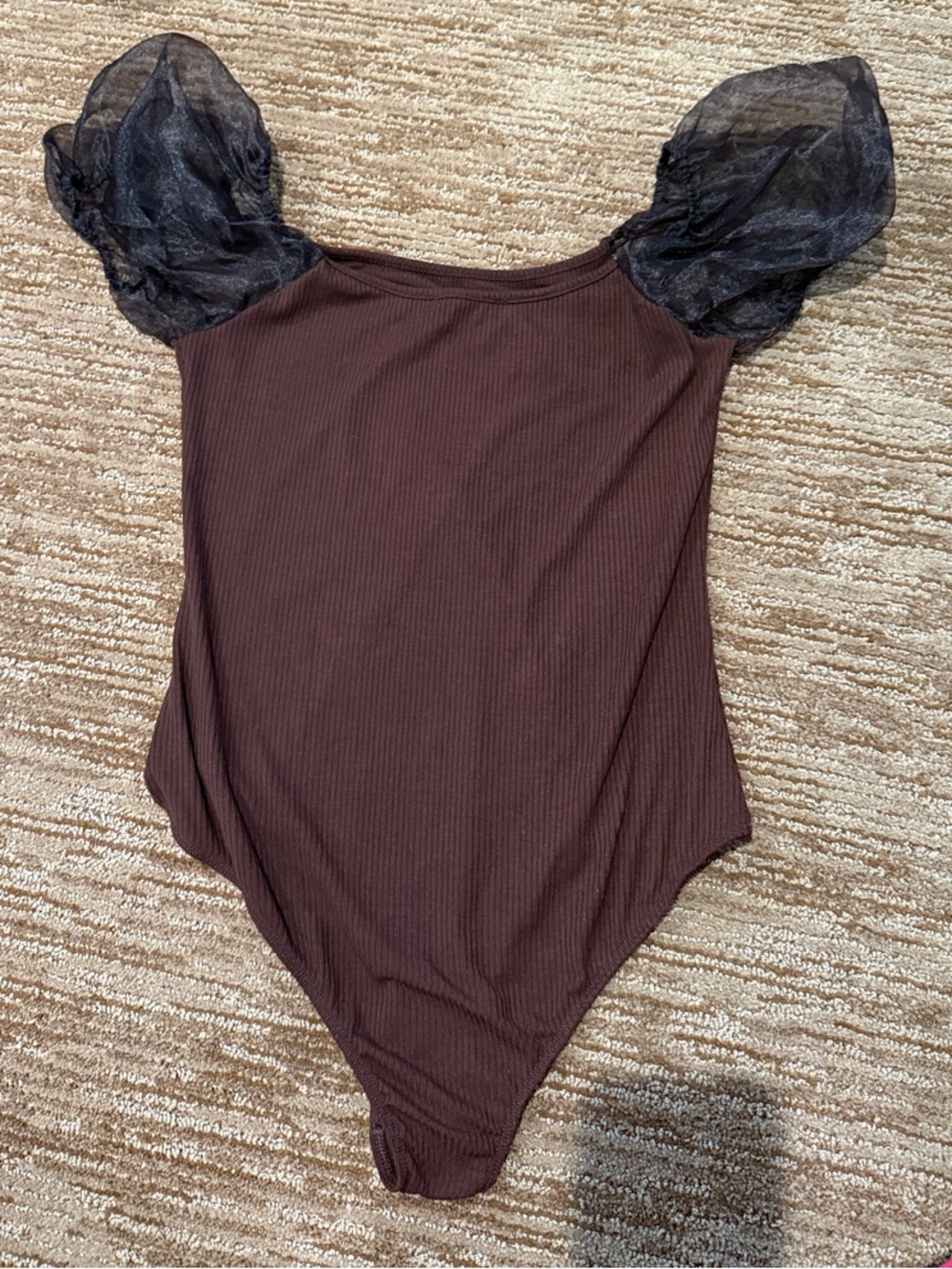 Brown Ribbed Bodysuit with Black Puff Sleeves
